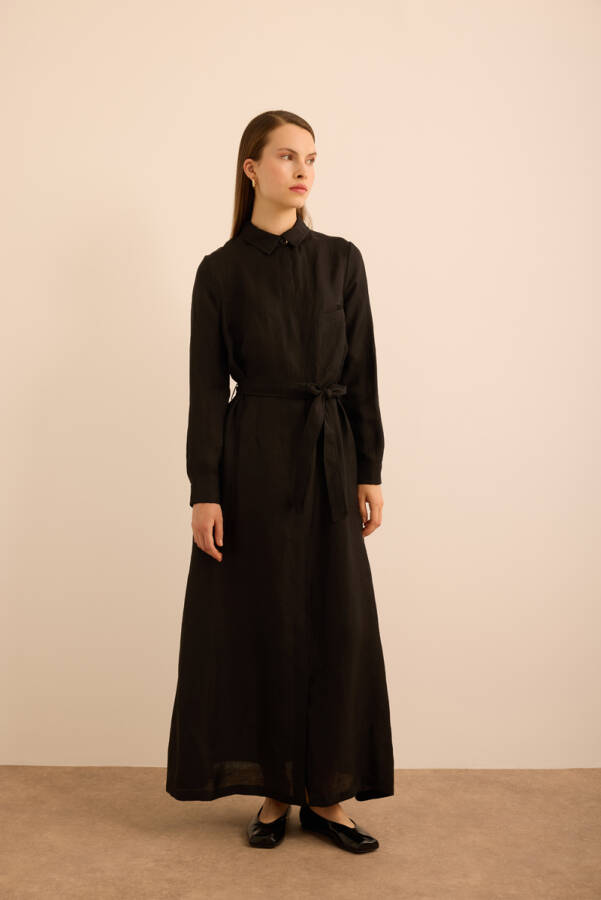 Siyah Seyyar Kuşaklı KetenGömlek Elbise - 5