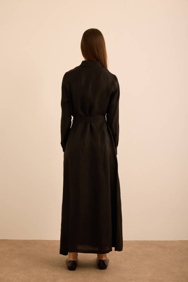 Siyah Seyyar Kuşaklı KetenGömlek Elbise - 6