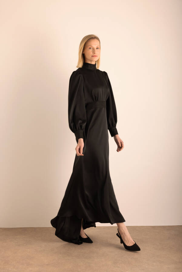 Siyah Sim Garni Detaylı Dokuma Elbise - 2