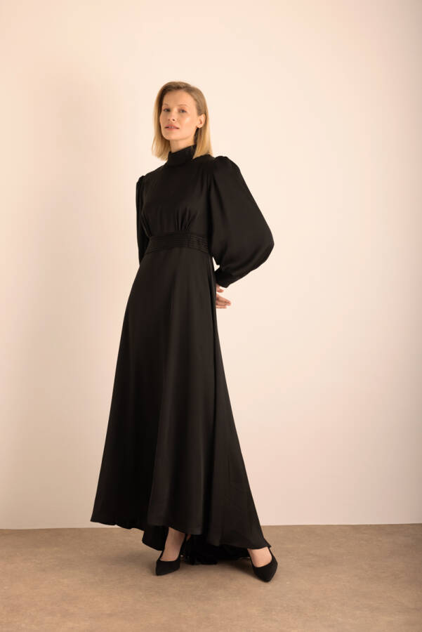 Siyah Sim Garni Detaylı Dokuma Elbise - 1