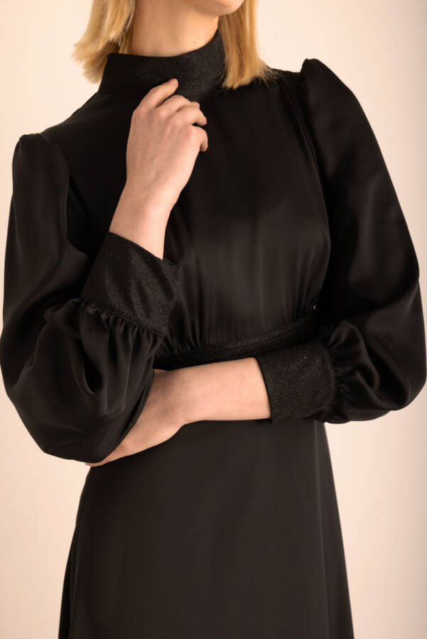 Siyah Sim Garni Detaylı Dokuma Elbise - 4