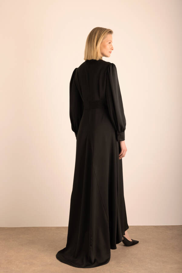 Siyah Sim Garni Detaylı Dokuma Elbise - 7