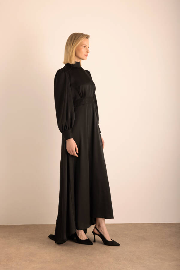 Siyah Sim Garni Detaylı Dokuma Elbise - 6