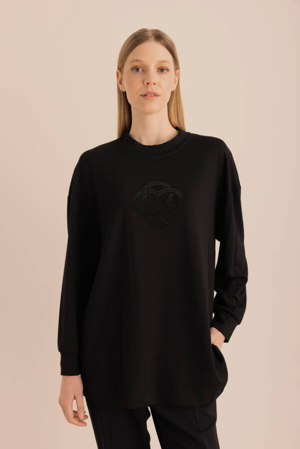 Siyah Taş Detaylı Swatshirt - 1