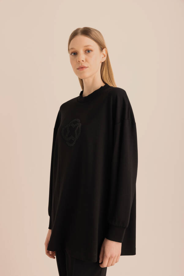 Siyah Taş Detaylı Swatshirt - 4