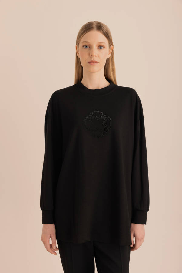Siyah Taş Detaylı Swatshirt - 5