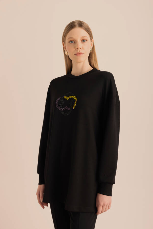 Siyah Taş Yapıştırma Detaylı Sweatshirt - 5
