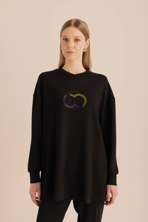 Siyah Taş Yapıştırma Detaylı Sweatshirt - 4