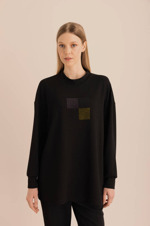 Siyah Taş Yapıştırma Detaylı Sweatshirt - 4