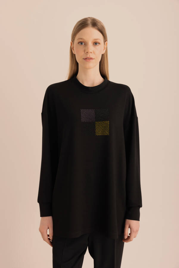 Siyah Taş Yapıştırma Detaylı Sweatshirt - 6
