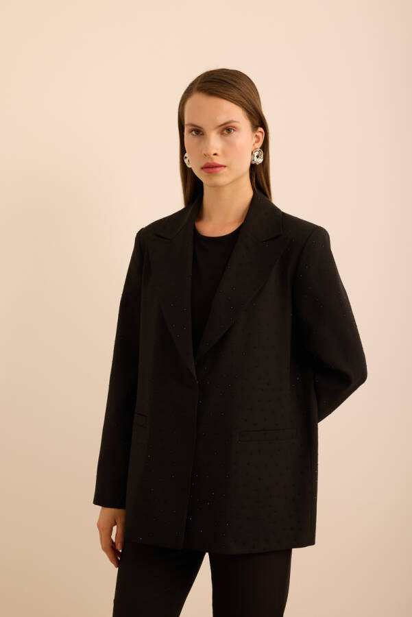 Siyah Taş Yapıştırmalı Dokuma Klasik Ceket - 4