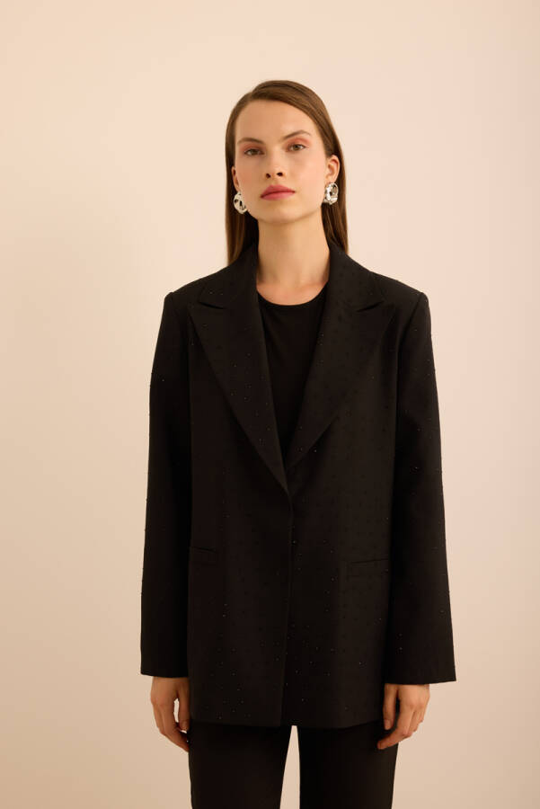 Siyah Taş Yapıştırmalı Dokuma Klasik Ceket - 5