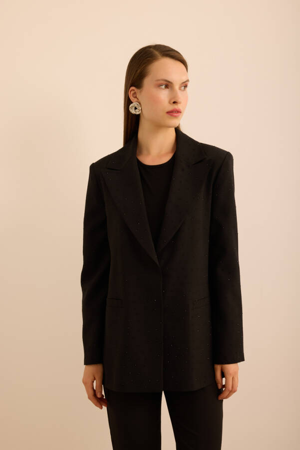 Siyah Taş Yapıştırmalı Dokuma Klasik Ceket - 3