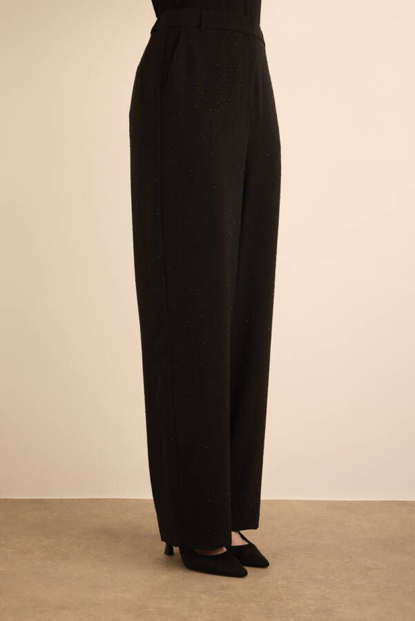 Siyah Taş Yapıştırmalı Dokuma Pantolon - 3