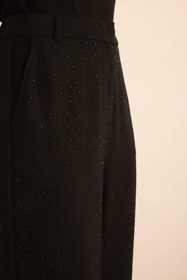 Siyah Taş Yapıştırmalı Dokuma Pantolon - 5