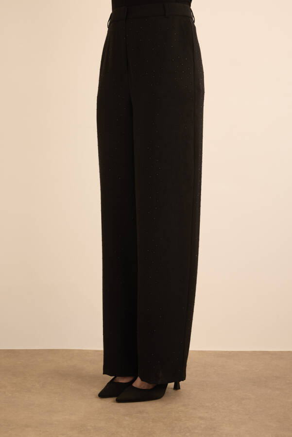 Siyah Taş Yapıştırmalı Dokuma Pantolon - 4