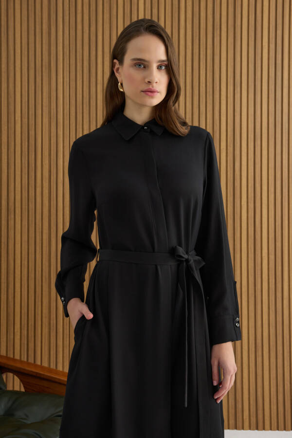 Siyah Tencel Elbise - 5