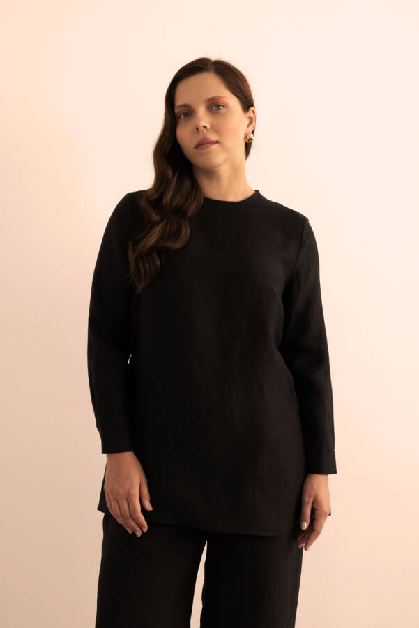 Siyah Tencel Keten Bluz - Aker
