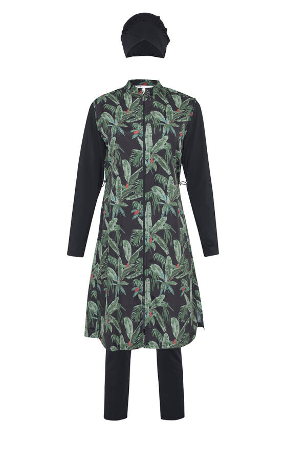 Siyah 2237111 Önden Fermuarlı Tropik Desenli Tesettür Mayo - 1