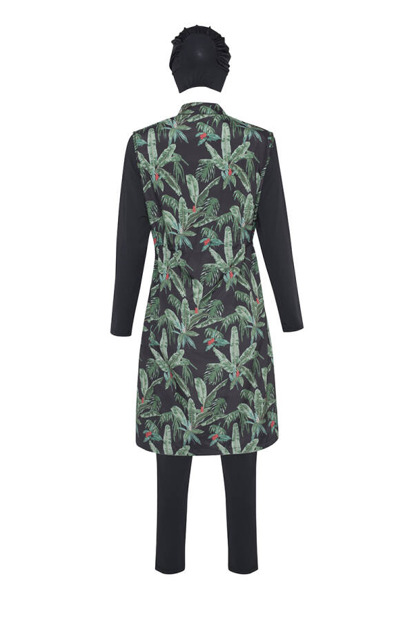 Siyah 2237111 Önden Fermuarlı Tropik Desenli Tesettür Mayo - 3