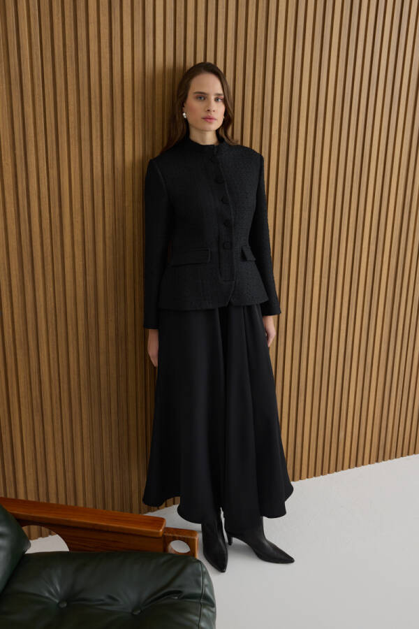 Siyah Tweed Ceket Görünümlü Crep Etekli Elbise - Aker