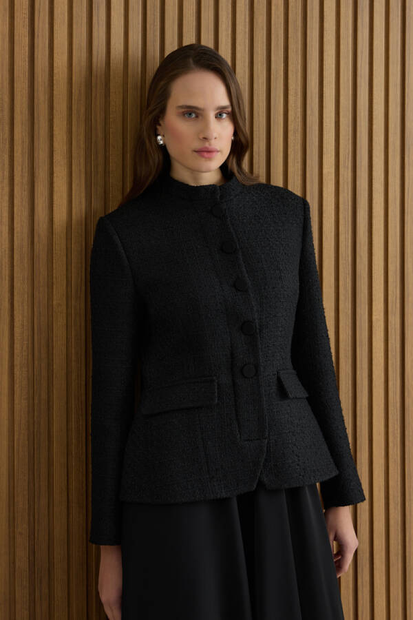 Siyah Tweed Ceket Görünümlü Crep Etekli Elbise - 4