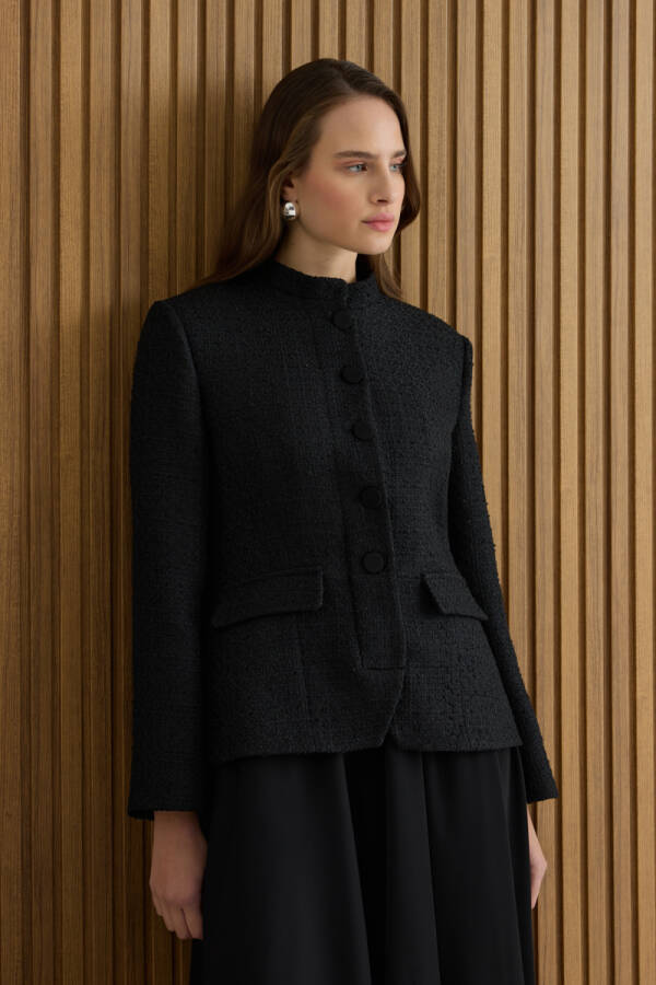 Siyah Tweed Ceket Görünümlü Crep Etekli Elbise - 5