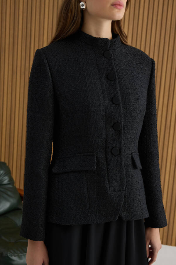 Siyah Tweed Ceket Görünümlü Crep Etekli Elbise - 6
