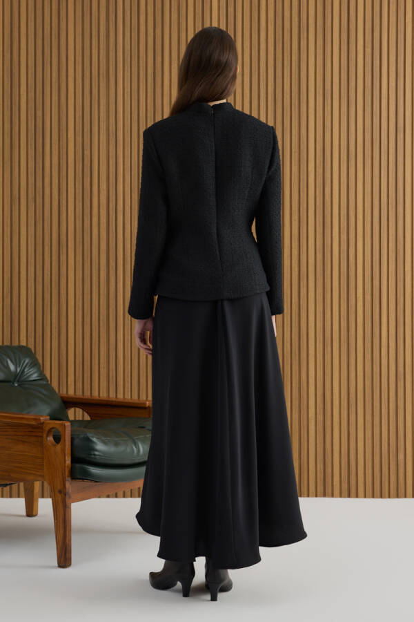 Siyah Tweed Ceket Görünümlü Crep Etekli Elbise - 7