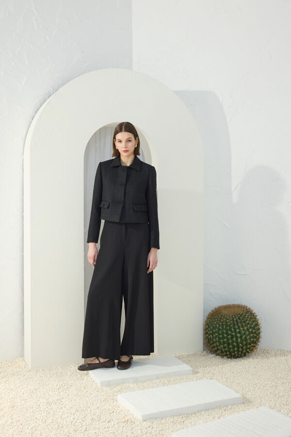 Siyah Tweed Kumaş Kısa Ceket - 1