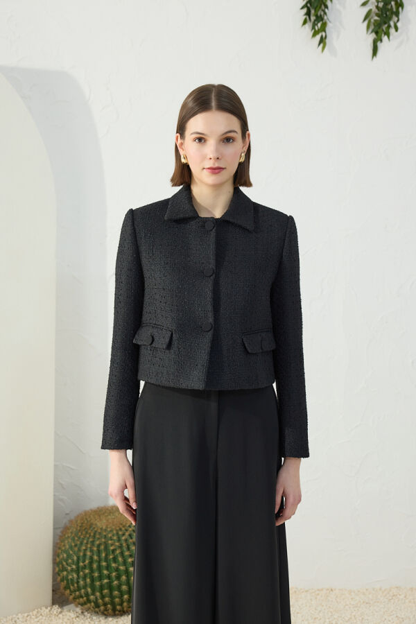 Siyah Tweed Kumaş Kısa Ceket - 2