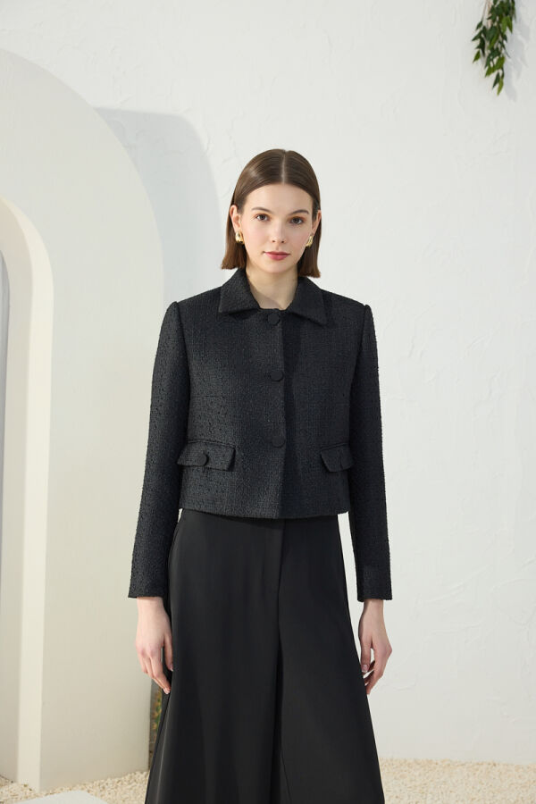 Siyah Tweed Kumaş Kısa Ceket - 3