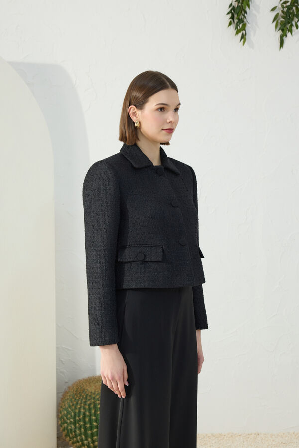 Siyah Tweed Kumaş Kısa Ceket - 4