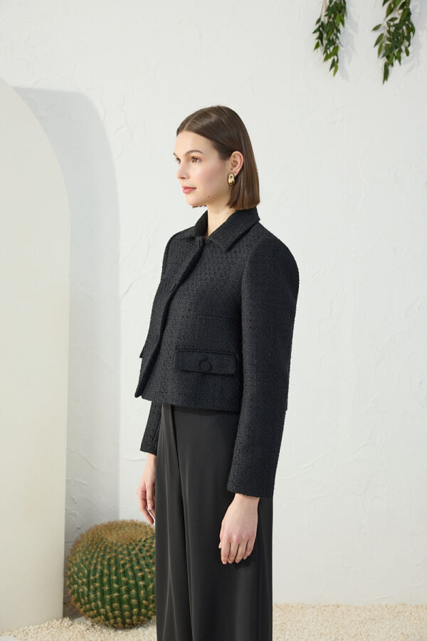 Siyah Tweed Kumaş Kısa Ceket - 5