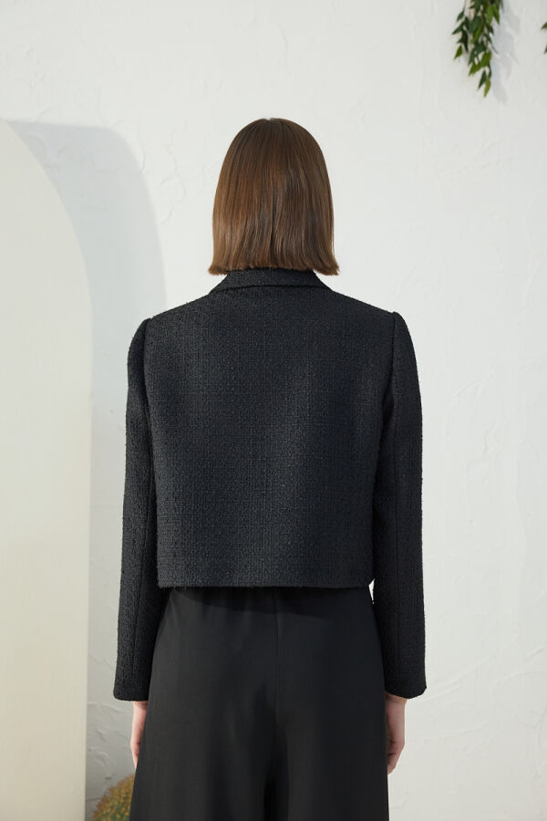 Siyah Tweed Kumaş Kısa Ceket - 7