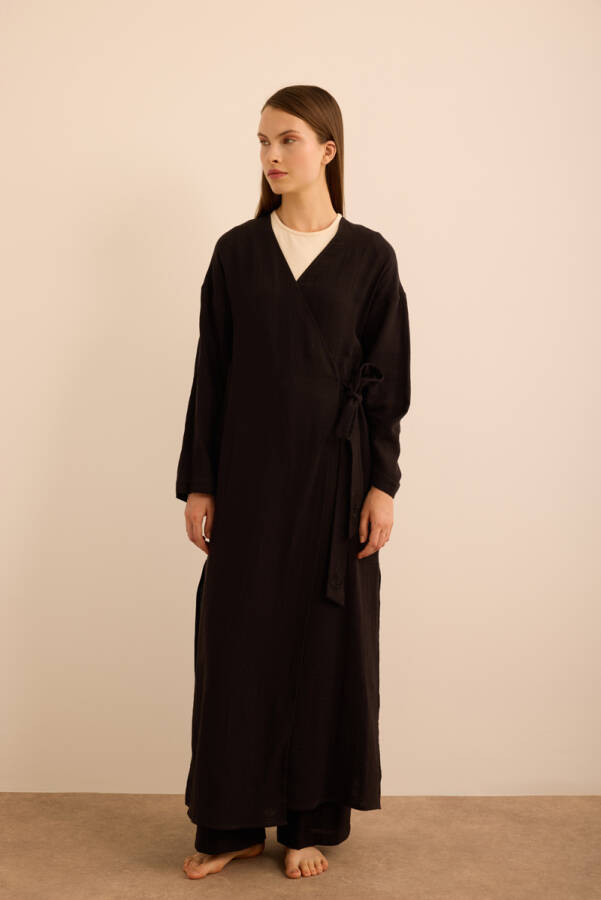 Siyah Viscon Cotton , Yandan Bağlamalı Sabahlık - 4