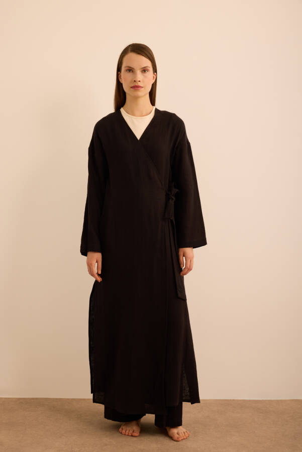 Siyah Viscon Cotton , Yandan Bağlamalı Sabahlık - Aker