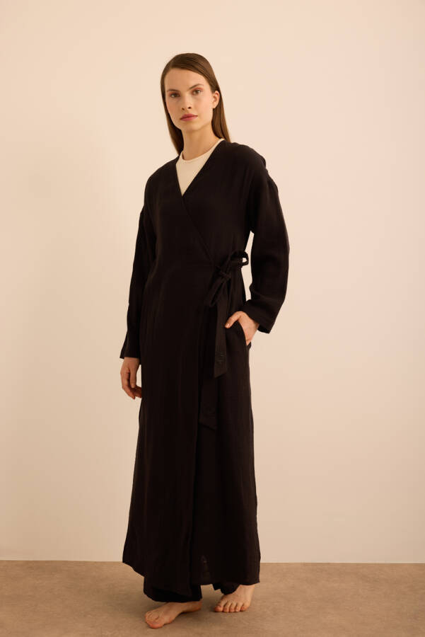 Siyah Viscon Cotton , Yandan Bağlamalı Sabahlık - 3