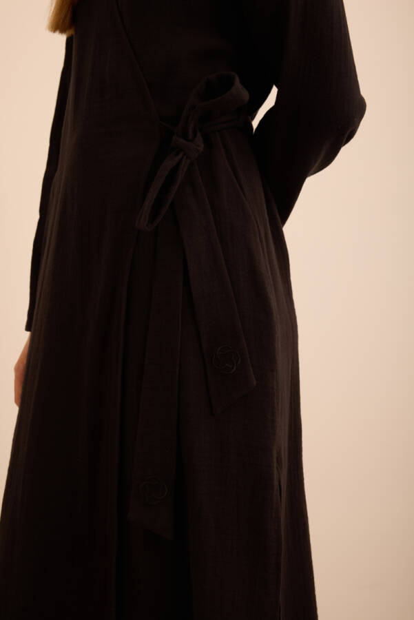 Siyah Viscon Cotton , Yandan Bağlamalı Sabahlık - 6