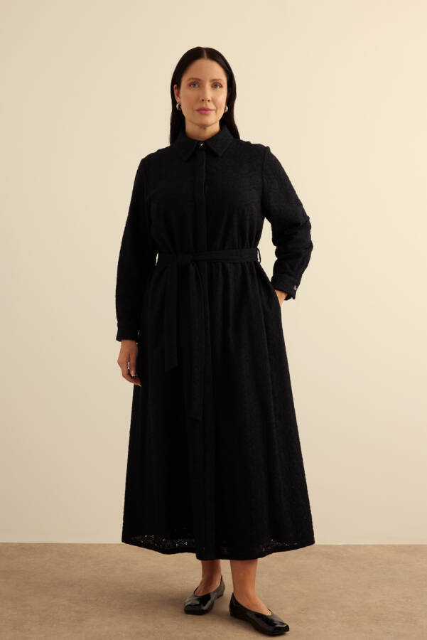 Siyah Vual Astarlı Cotton Brode Elbise - Aker