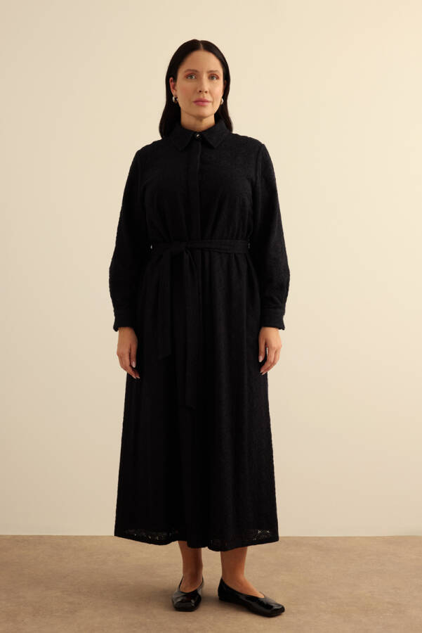 Siyah Vual Astarlı Cotton Brode Elbise - Aker (1)