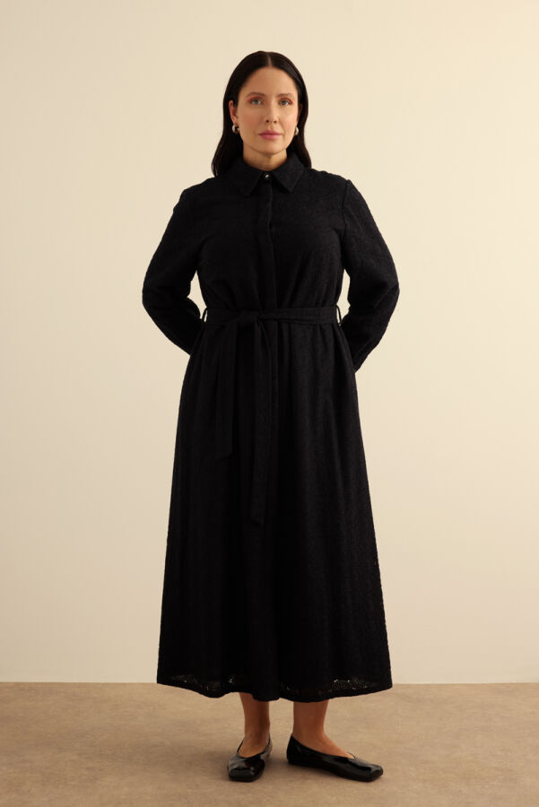 Siyah Vual Astarlı Cotton Brode Elbise - 3