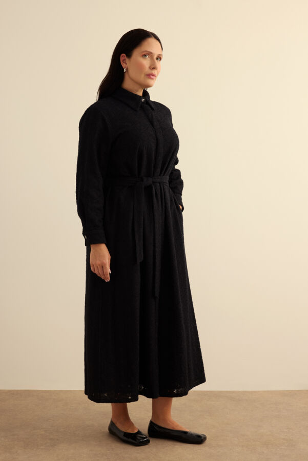 Siyah Vual Astarlı Cotton Brode Elbise - 5