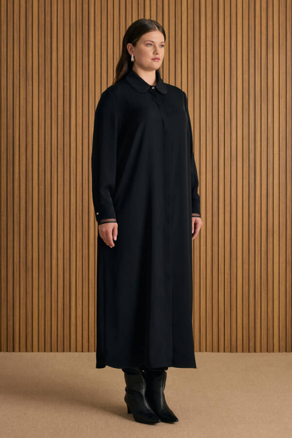 Siyah Yaka ve Kol Ucu Organze Detaylı Ferace - 3