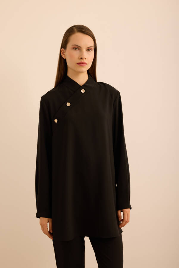 Siyah Yakası Asimetrik , Metal Düğme Detaylı Dokuma Tunik - Aker