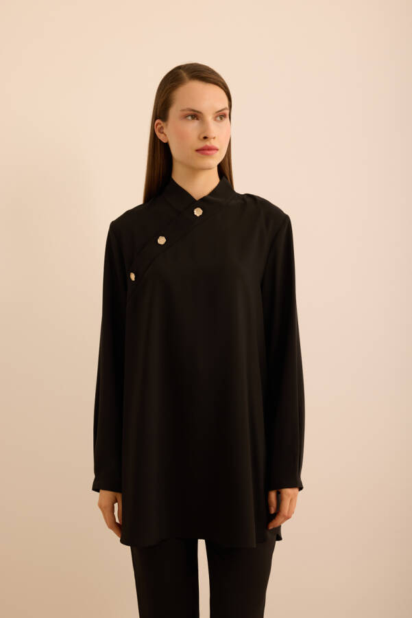 Siyah Yakası Asimetrik , Metal Düğme Detaylı Dokuma Tunik - Aker (1)