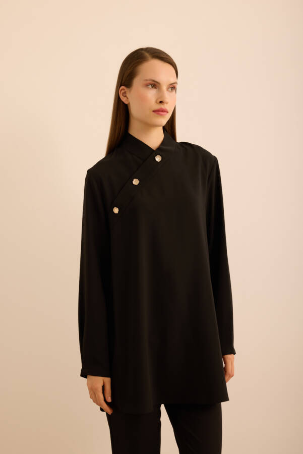Siyah Yakası Asimetrik , Metal Düğme Detaylı Dokuma Tunik - 3