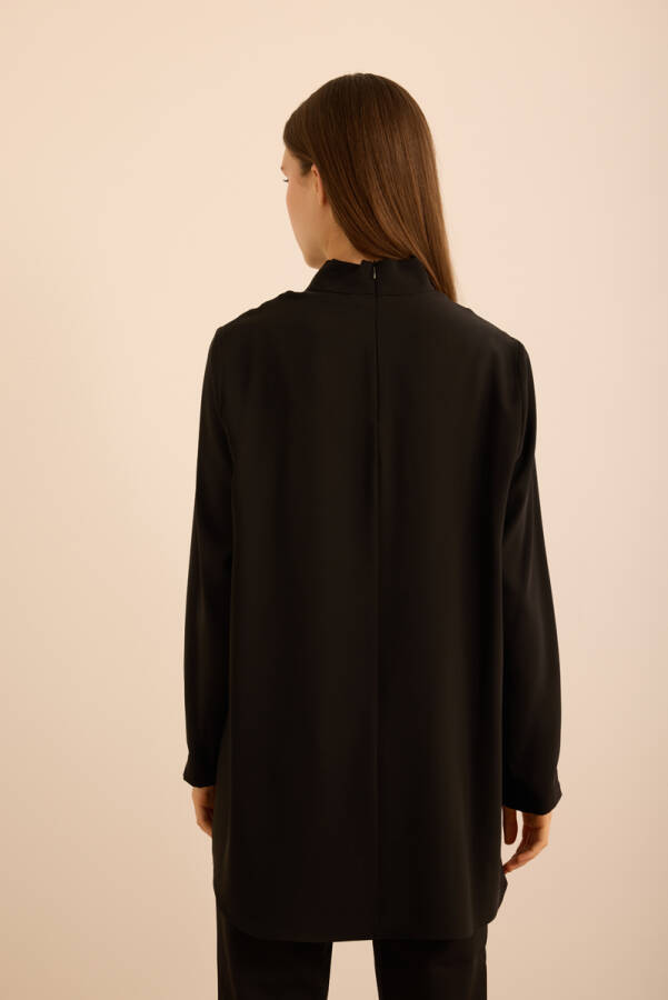 Siyah Yakası Asimetrik , Metal Düğme Detaylı Dokuma Tunik - 6