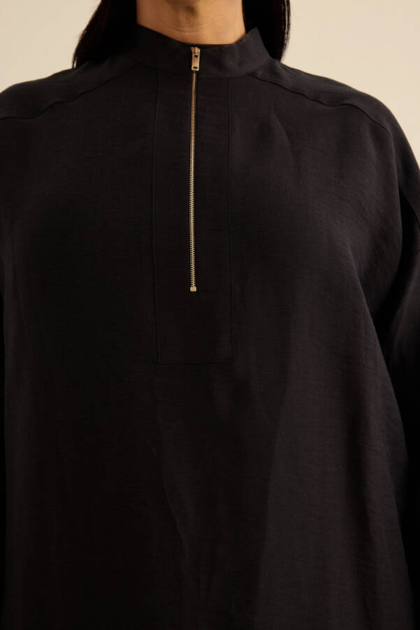 Siyah Yakası Fermuarlı Keten Tencel Tunik - 6
