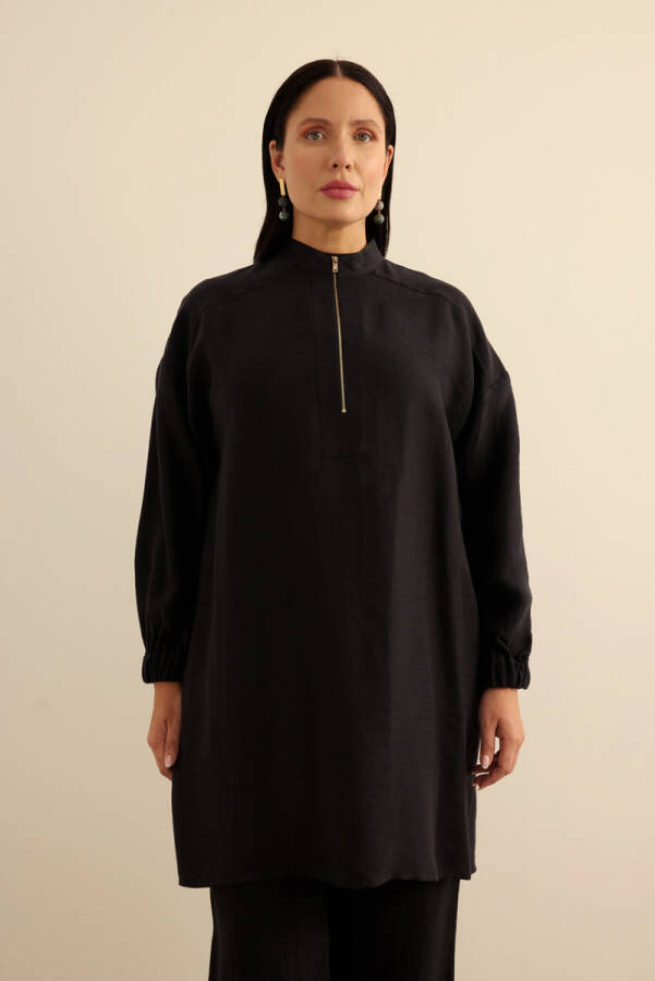 Siyah Yakası Fermuarlı Keten Tencel Tunik - Aker